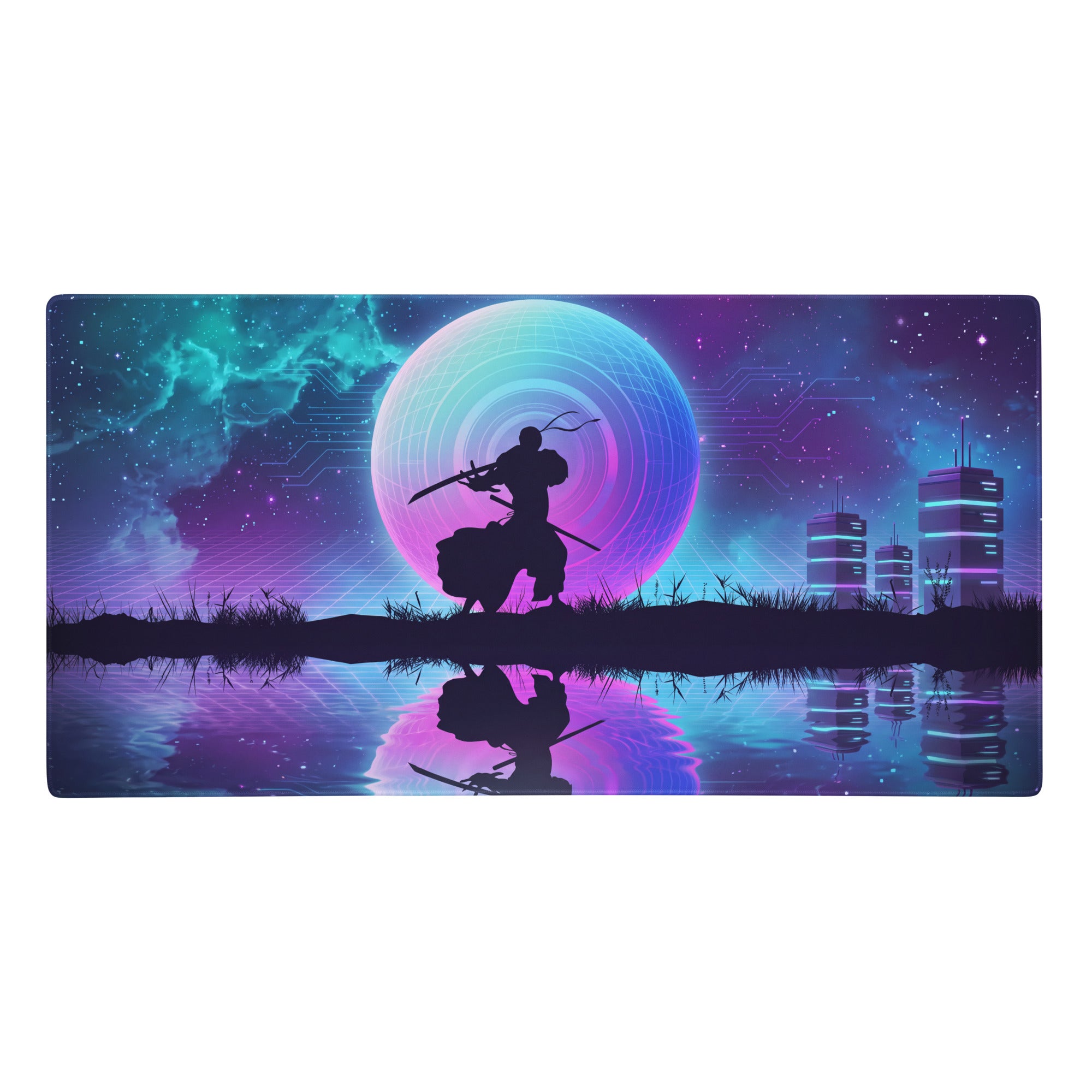 Nebula-themed vaporwave neon gaming mousepad with samurai silhouette, glowing circular moon, and futuristic cityscape in blue purple pink
