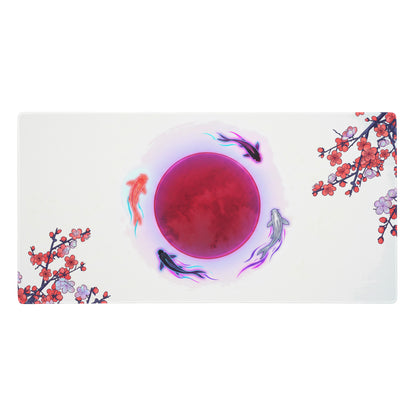 Rectangular vaporwave neon koi mouse pad with red circle center koi fish and pink cherry blossom branches for gaming desk