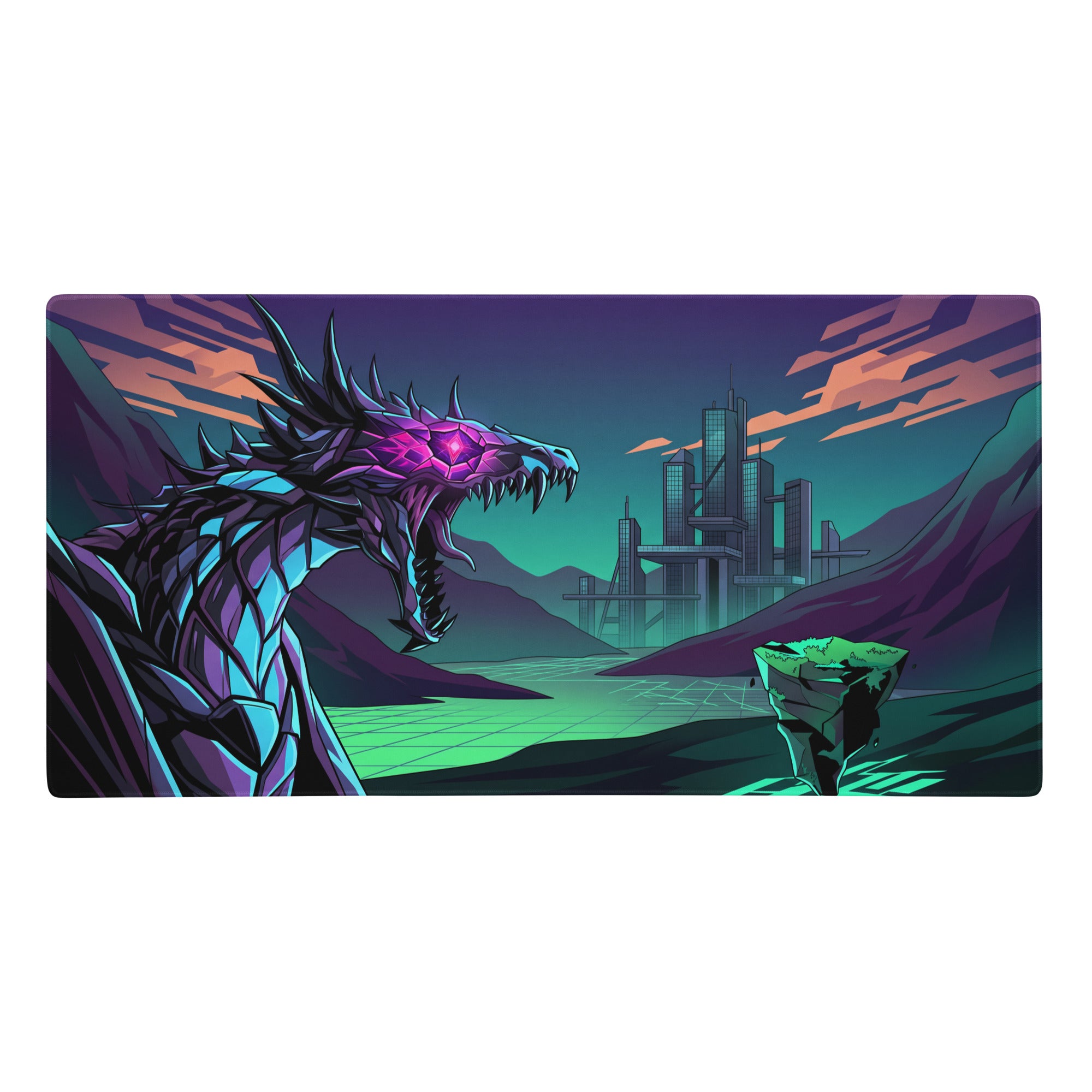 Rectangular neon dragon vaporwave mouse pad with purple teal scales and glowing pink eyes for gaming desk use