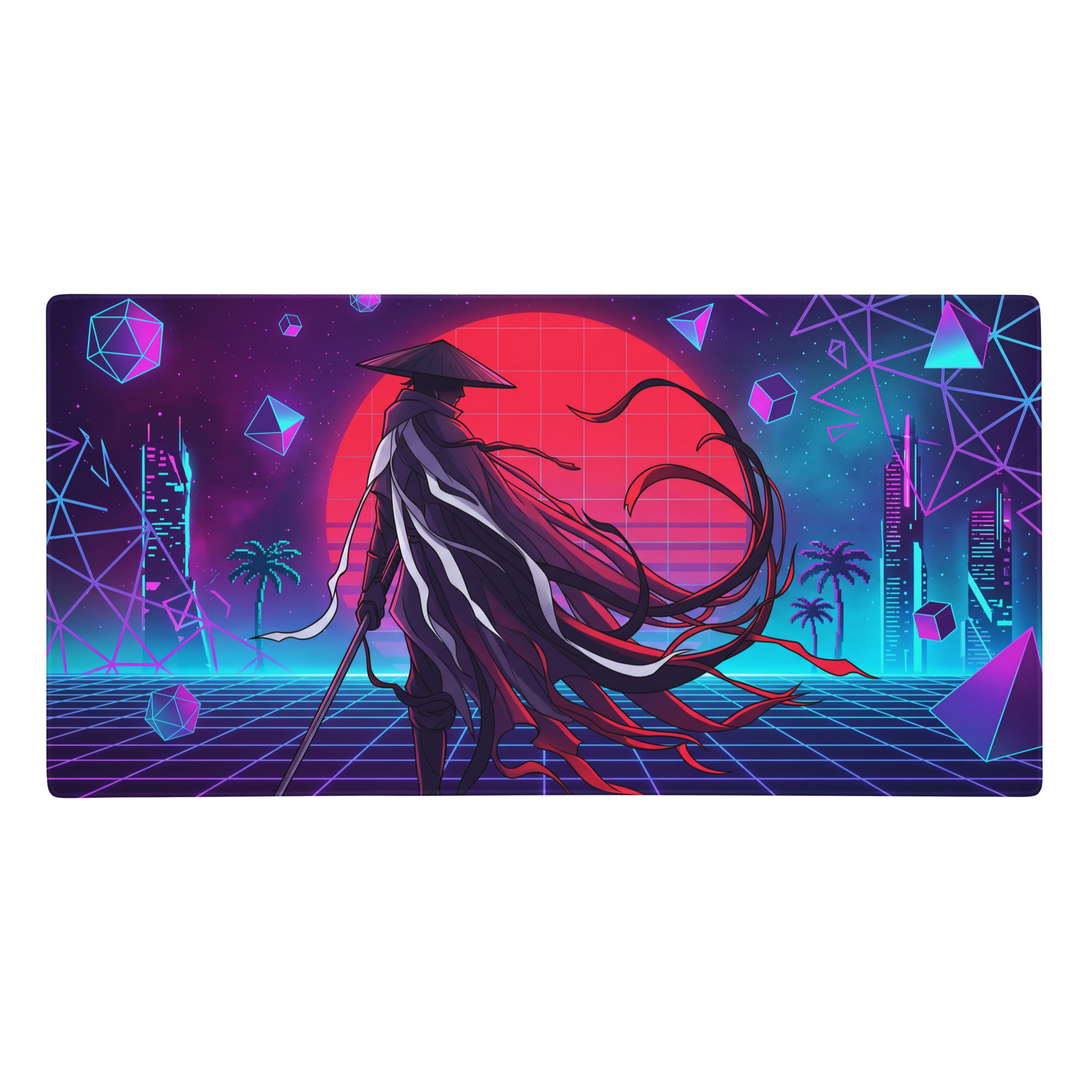 Vaporwave neon samurai gaming mouse pad with vibrant neon pink and blue cyberpunk design and samurai figure in a futuristic cityscape