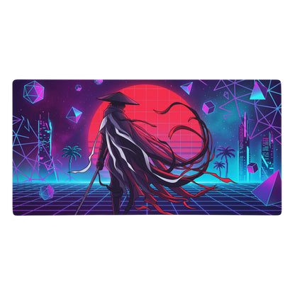 Vaporwave neon samurai gaming mouse pad with vibrant neon pink and blue cyberpunk design and samurai figure in a futuristic cityscape