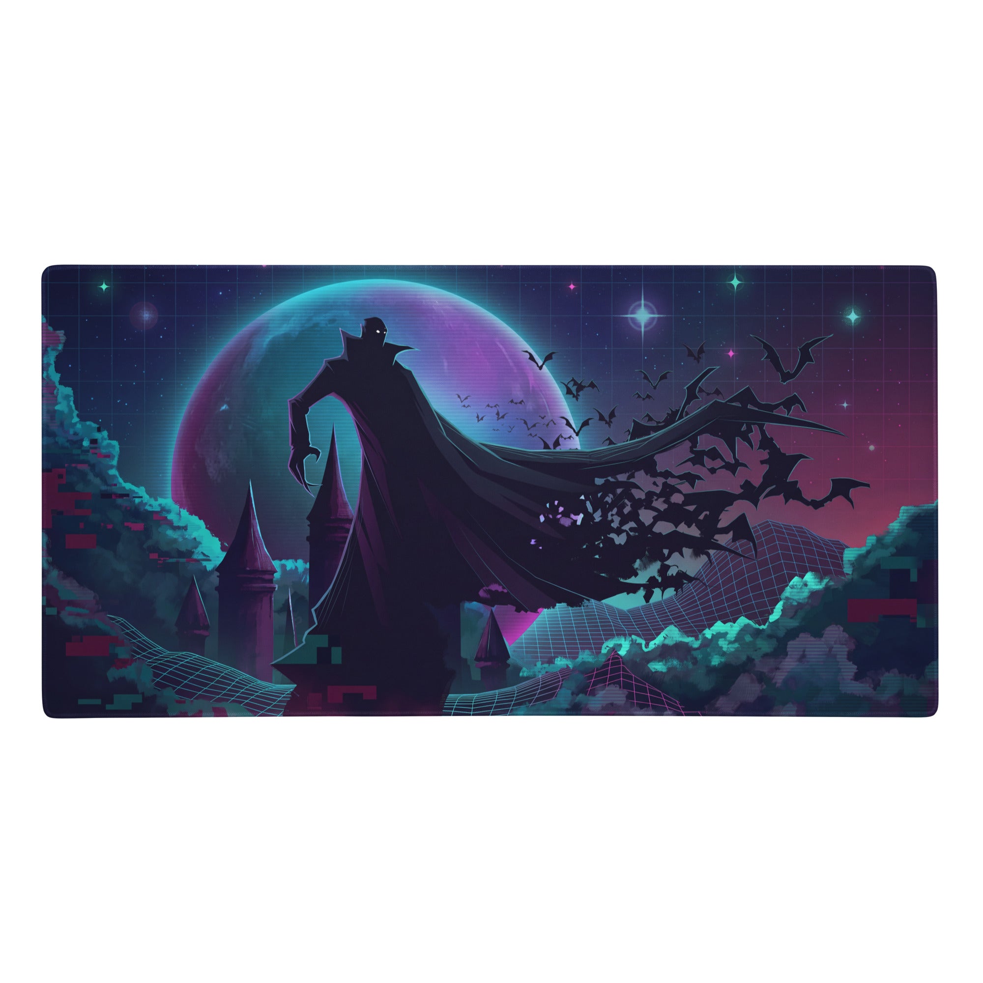 Navy blue and teal vaporwave galaxy neon mouse pad with cloaked figure silhouette and bats against purple moon for gaming