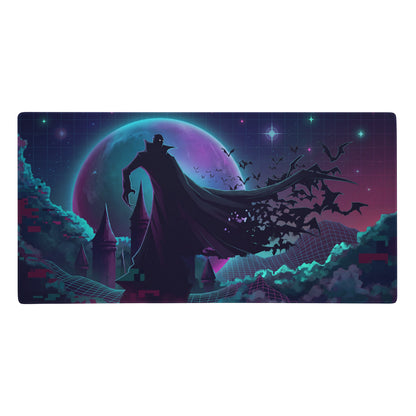 Navy blue and teal vaporwave galaxy neon mouse pad with cloaked figure silhouette and bats against purple moon for gaming