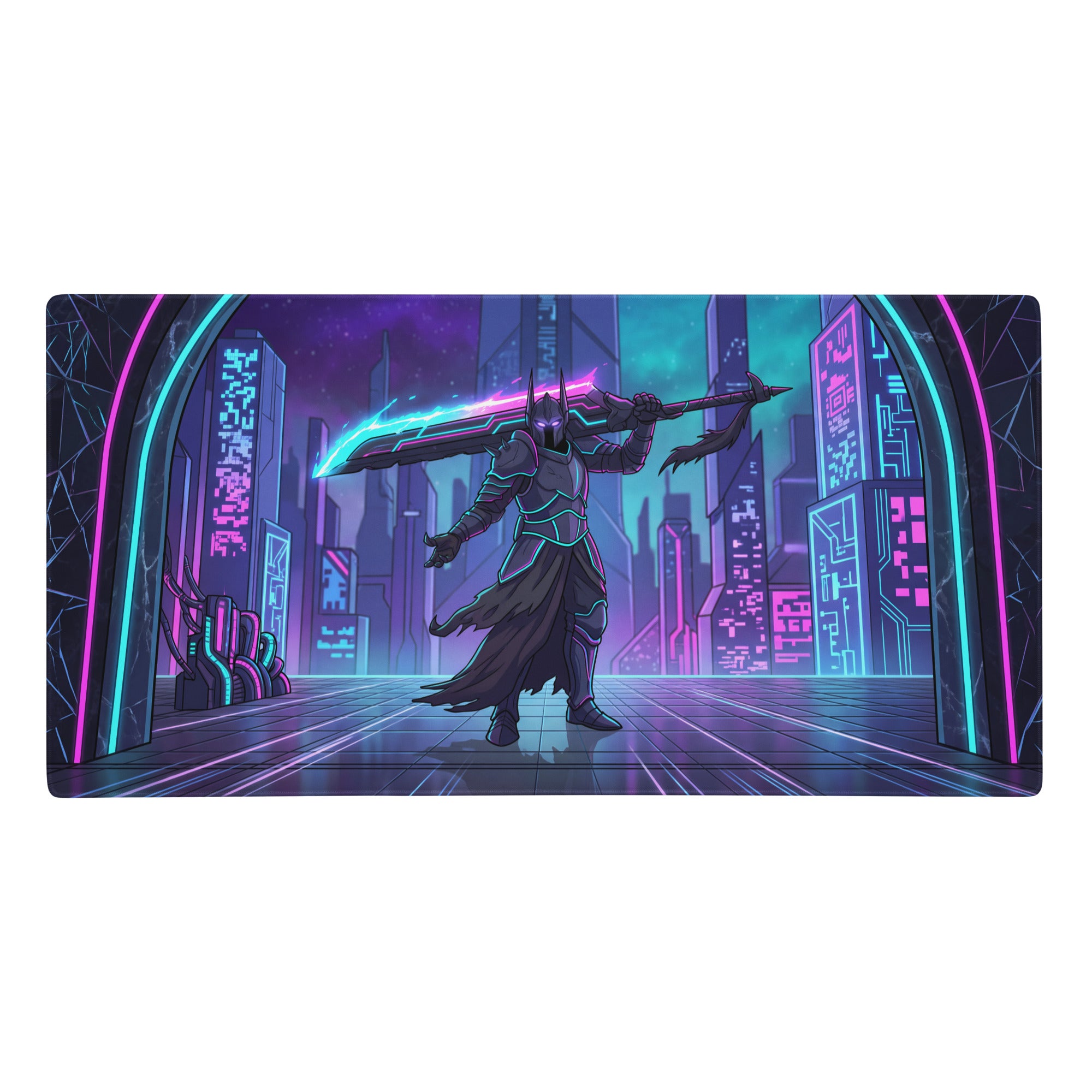 Neon night vaporwave gaming mouse pad with neon pink and cyan lights featuring armored warrior in cyberpunk cityscape
