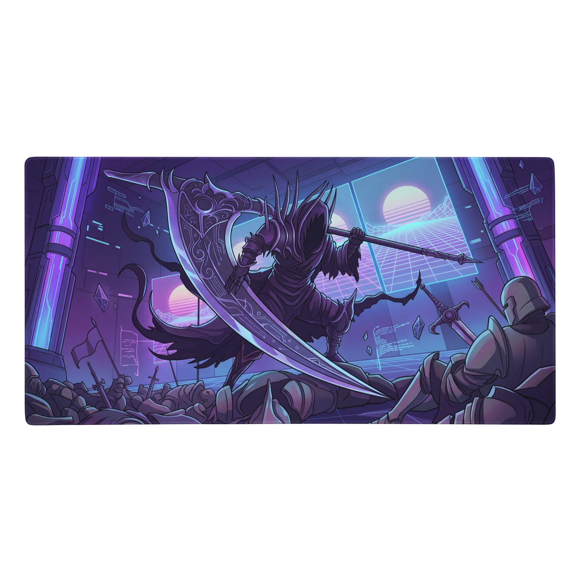 Purple and blue neon-lit gaming mouse pad featuring a skeletal warrior with ornate scythe in retro-futuristic vaporwave art