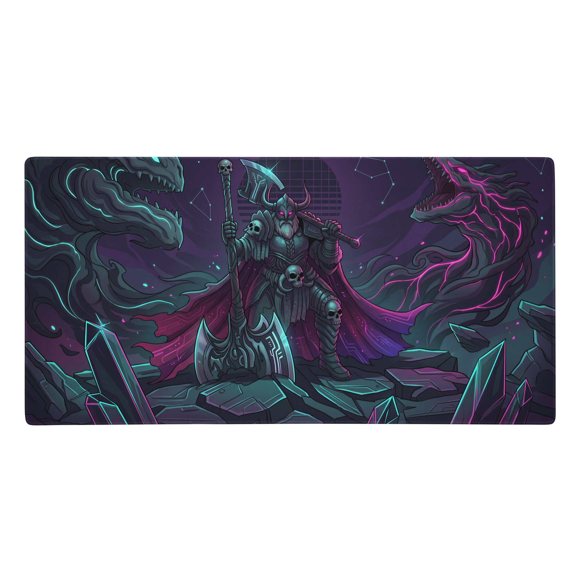 Vaporwave neon dragon battle gaming mousepad with armored warrior and mythical creatures on dark cosmic background