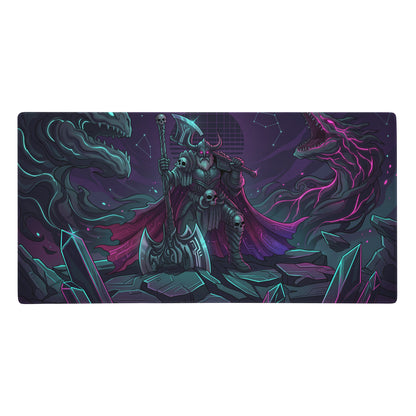 Vaporwave neon dragon battle gaming mousepad with armored warrior and mythical creatures on dark cosmic background