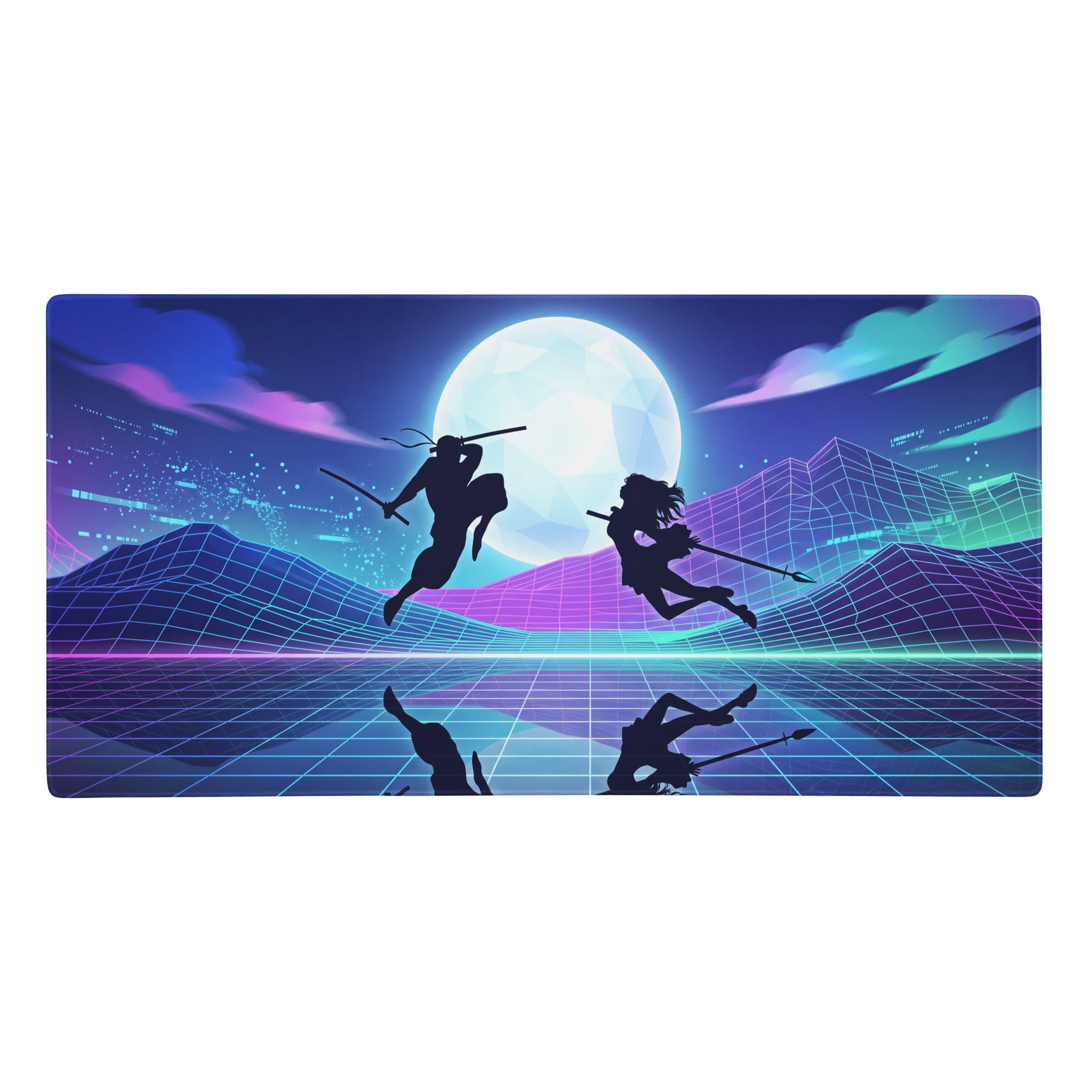 Neon vaporwave nightscape mouse pad with ninjas leaping over a glowing grid under a moon in blue and purple tones