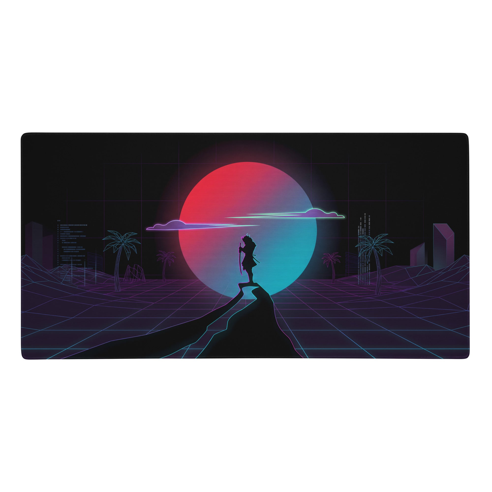 Neon vaporwave gaming mouse pad with neon pink and purple gradient featuring a silhouetted figure against a glowing sunset