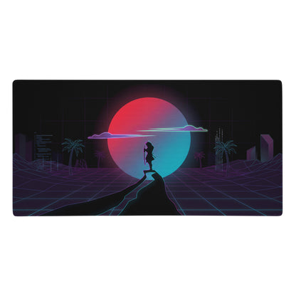 Neon vaporwave gaming mouse pad with neon pink and purple gradient featuring a silhouetted figure against a glowing sunset