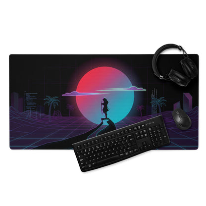 Neon vaporwave gaming mouse pad with retro-futuristic pink purple gradient sunset and silhouette design for desk use