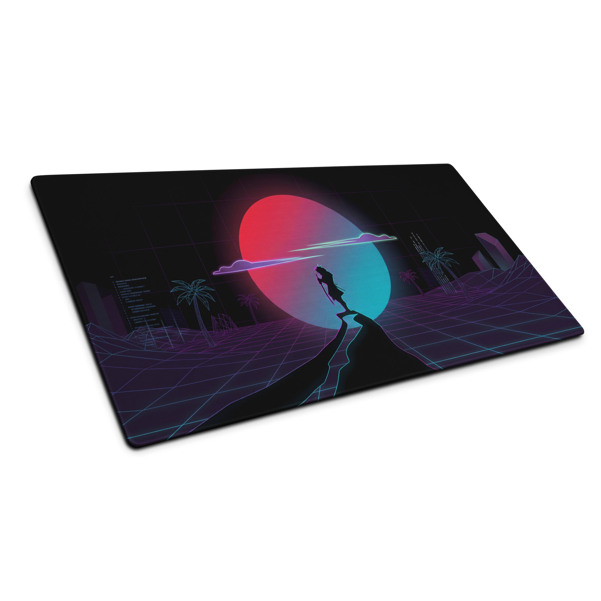 Neon vaporwave gaming mouse pad with glowing red and teal sun, palm trees on grid landscape, smooth black surface
