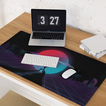 Black gaming mousepad with vibrant neon pink purple retro vaporwave design featuring palm trees and geometric landscapes