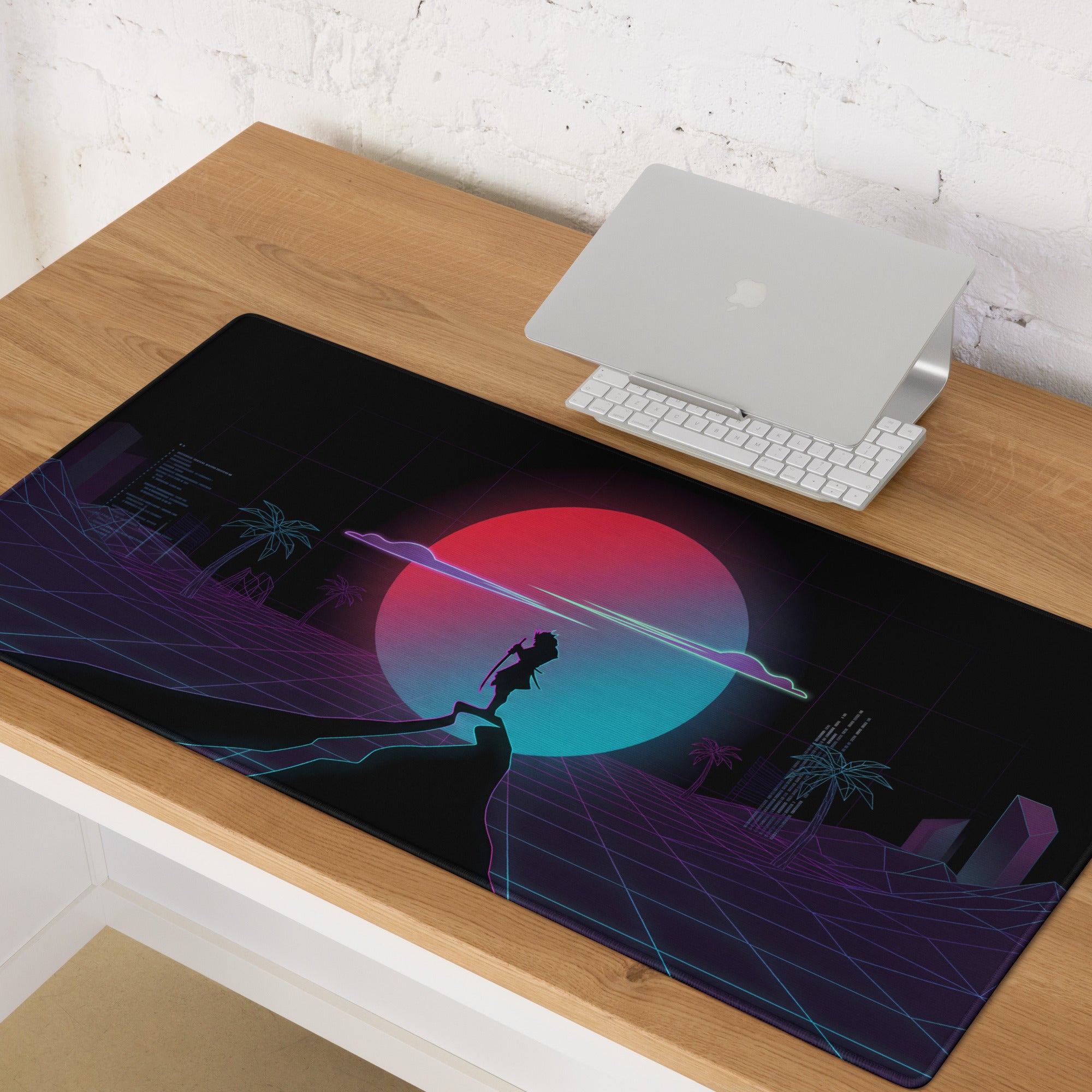 A sleek black gaming mouse pad with vibrant neon pink purple retro-futuristic vaporwave design on a dark background