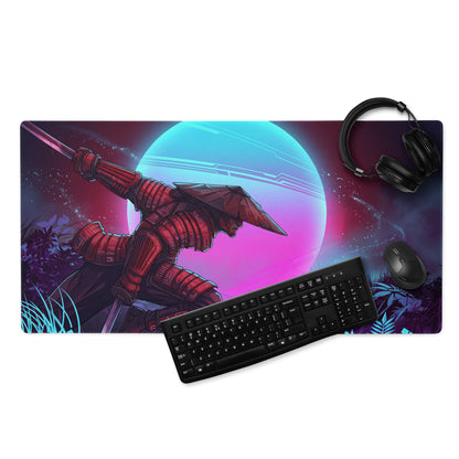 Vibrant vaporwave neon warrior mouse pad with red samurai on glowing blue pink planet backdrop for gaming desk decor