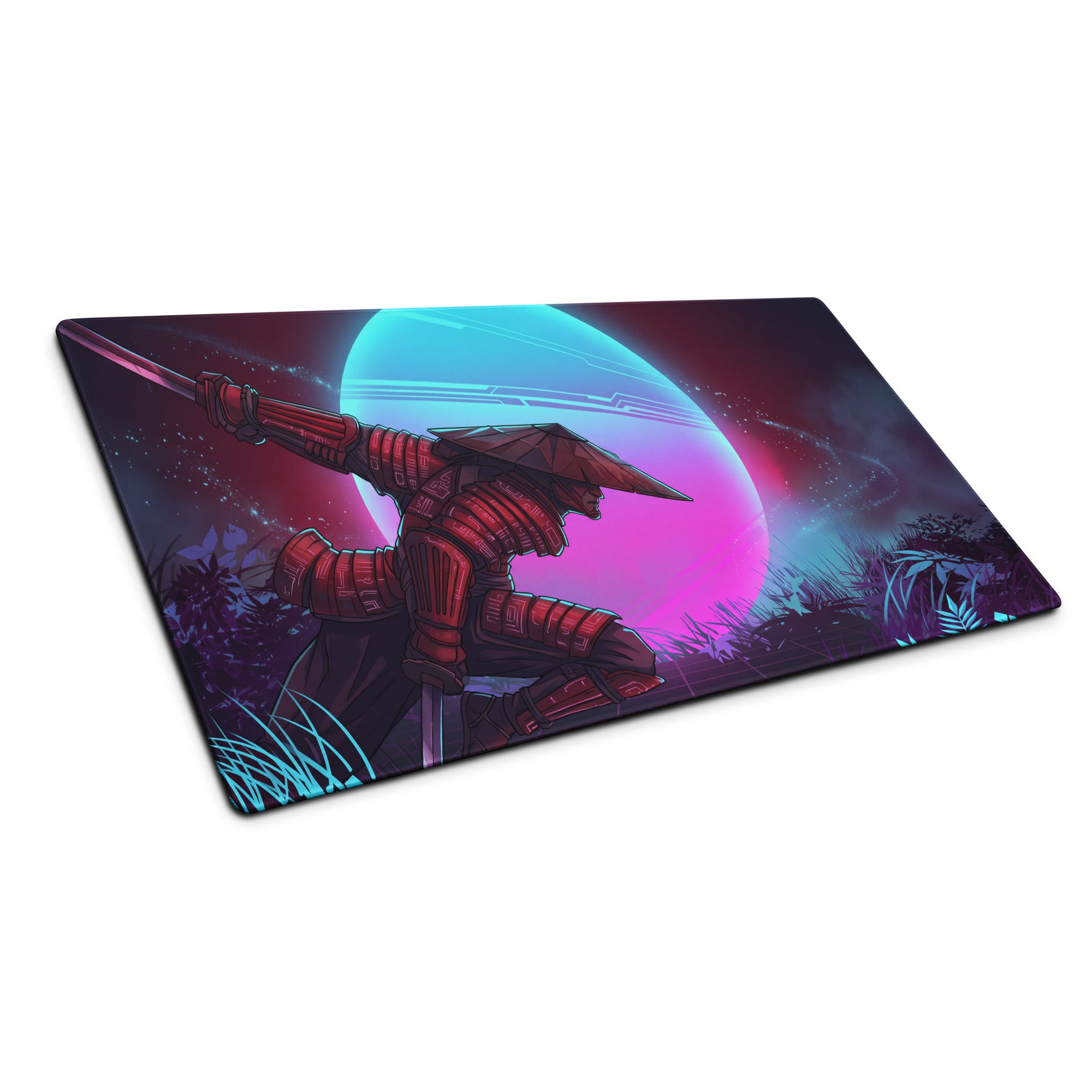 Vaporwave neon warrior gaming mouse pad with ninja red armor design and vibrant neon pink cyan planet background