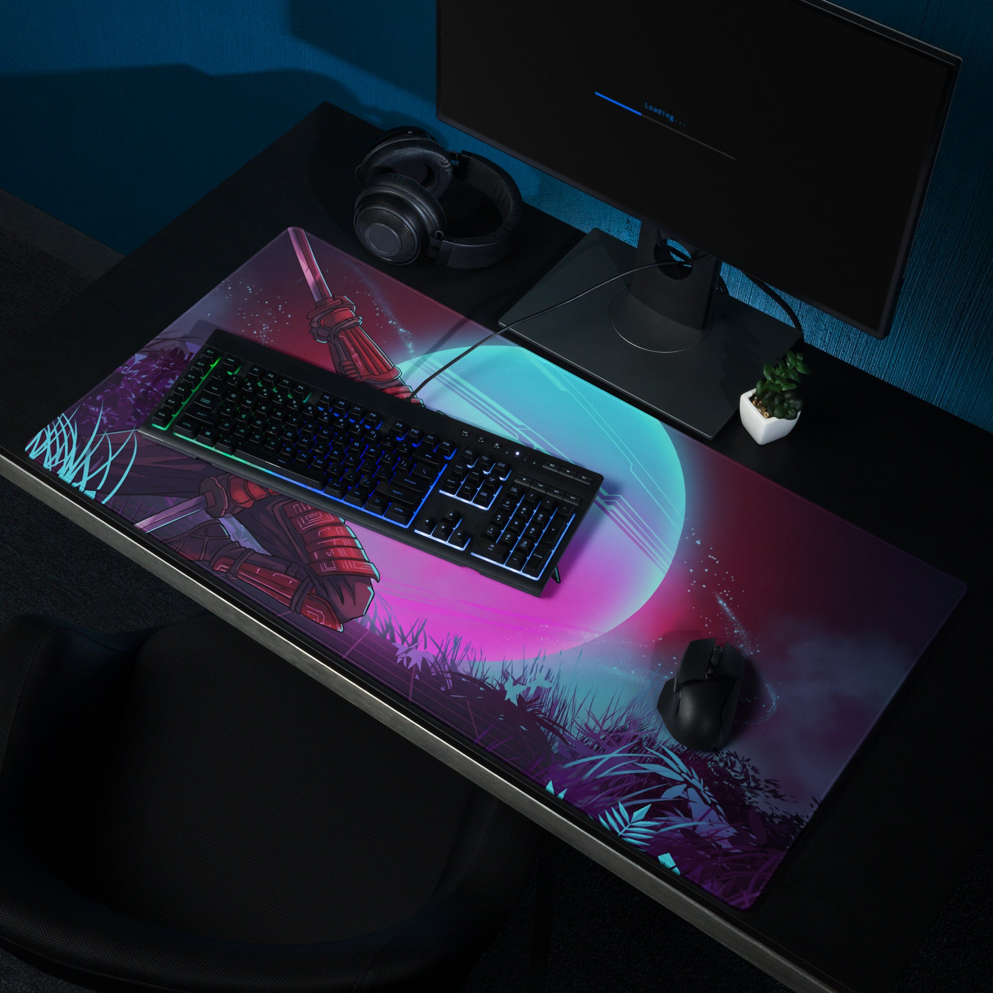 Vaporwave neon warrior gaming mousepad with neon pink teal cosmic samurai and glowing planet design for desk decor