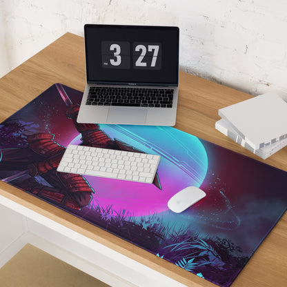 Vaporwave neon warrior gaming mouse pad with vibrant cosmic samurai in red armor and glowing blue planet background