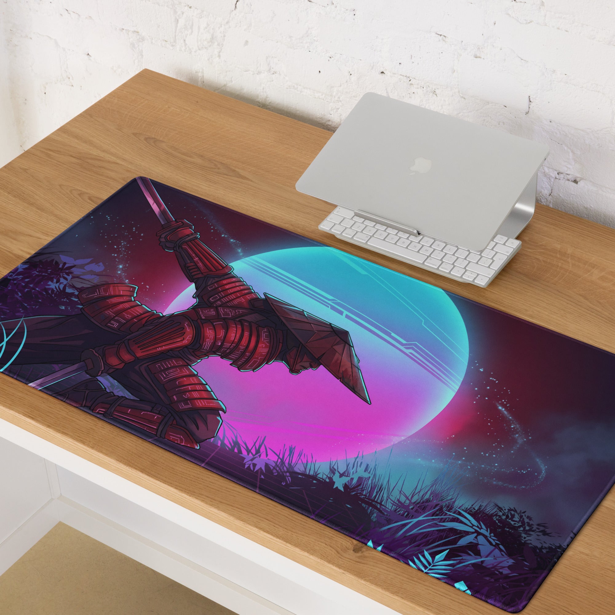 Vaporwave neon warrior gaming mouse pad with red-armored warrior design on neon blue pink purple cosmic background