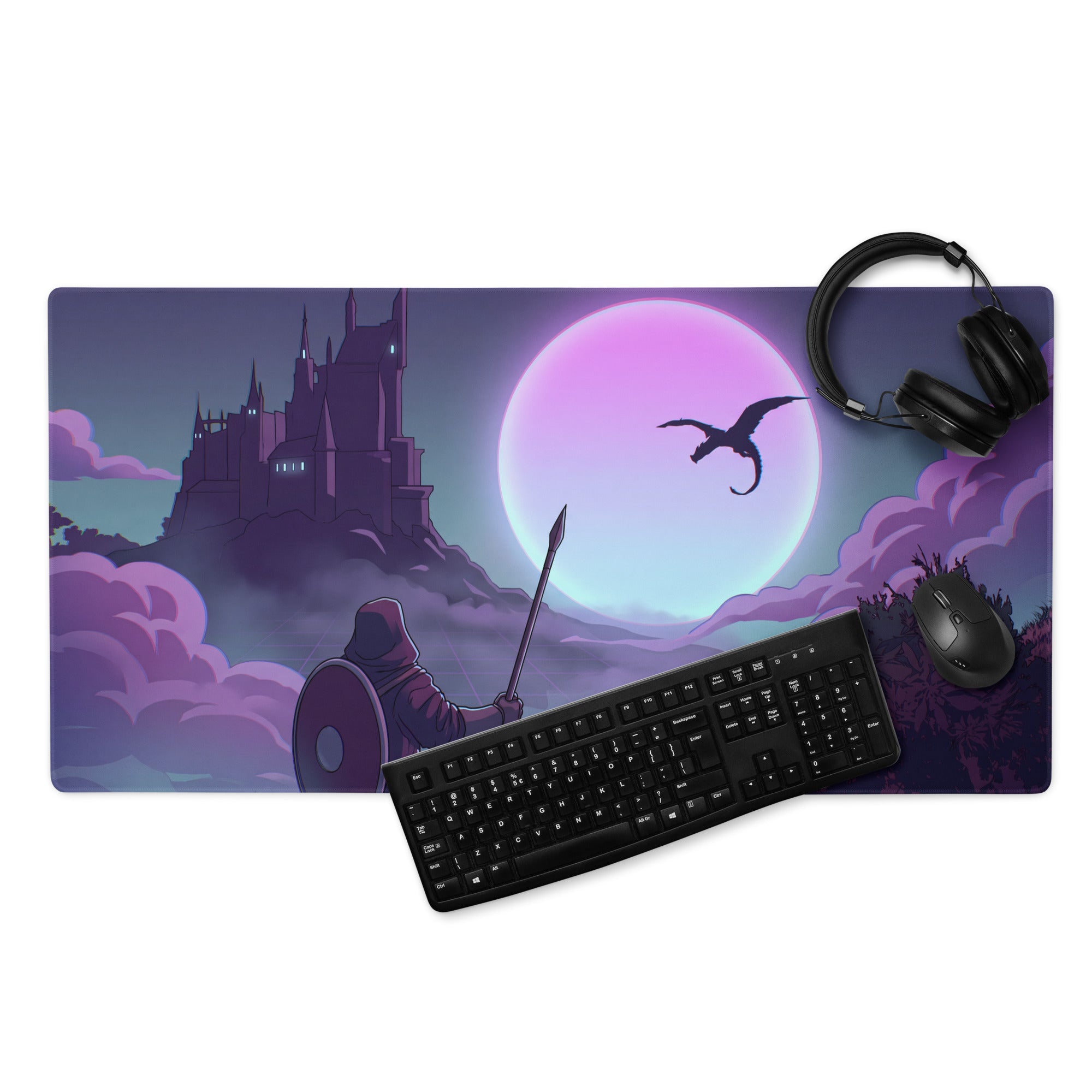 Purple and black fantasy-themed vaporwave neon moon gaming mouse pad with knight, dragon, castle, and moon design