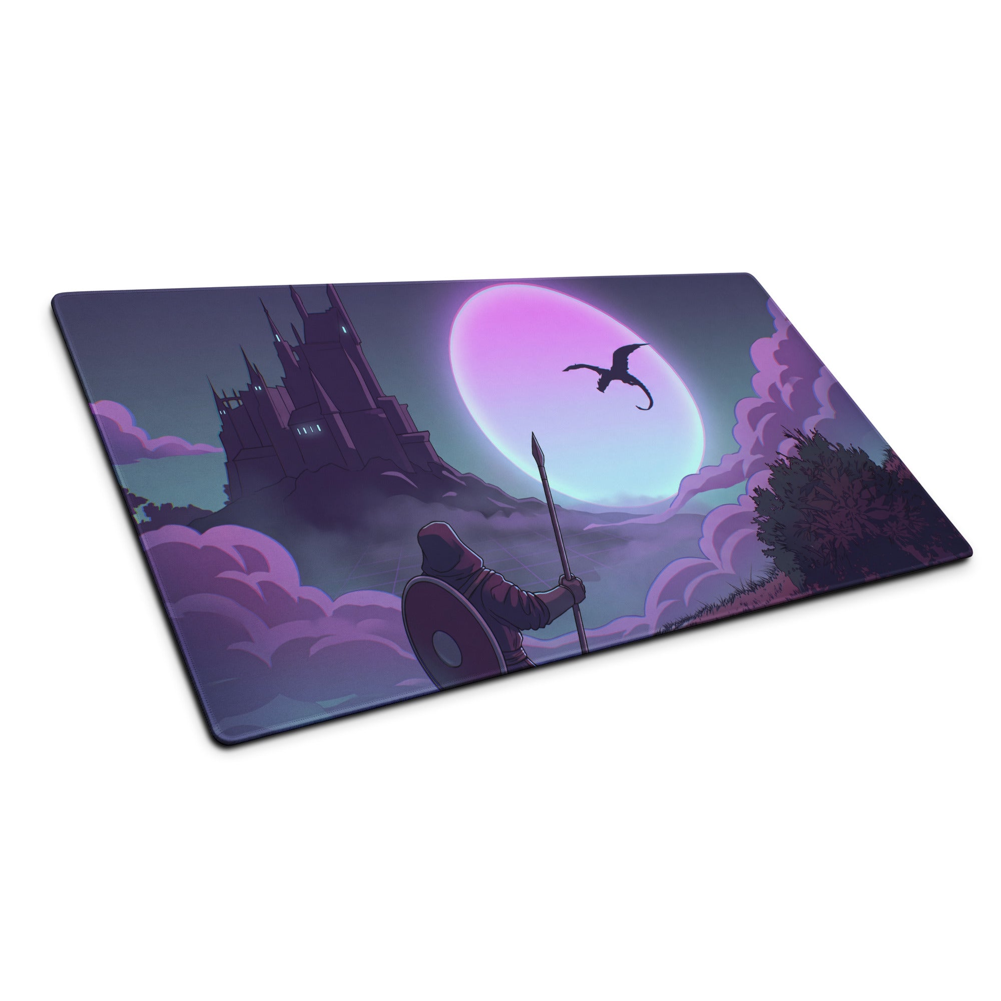 Purple and black vaporwave neon moon gaming mouse pad featuring a knight and dragon fantasy scene with a glowing moon