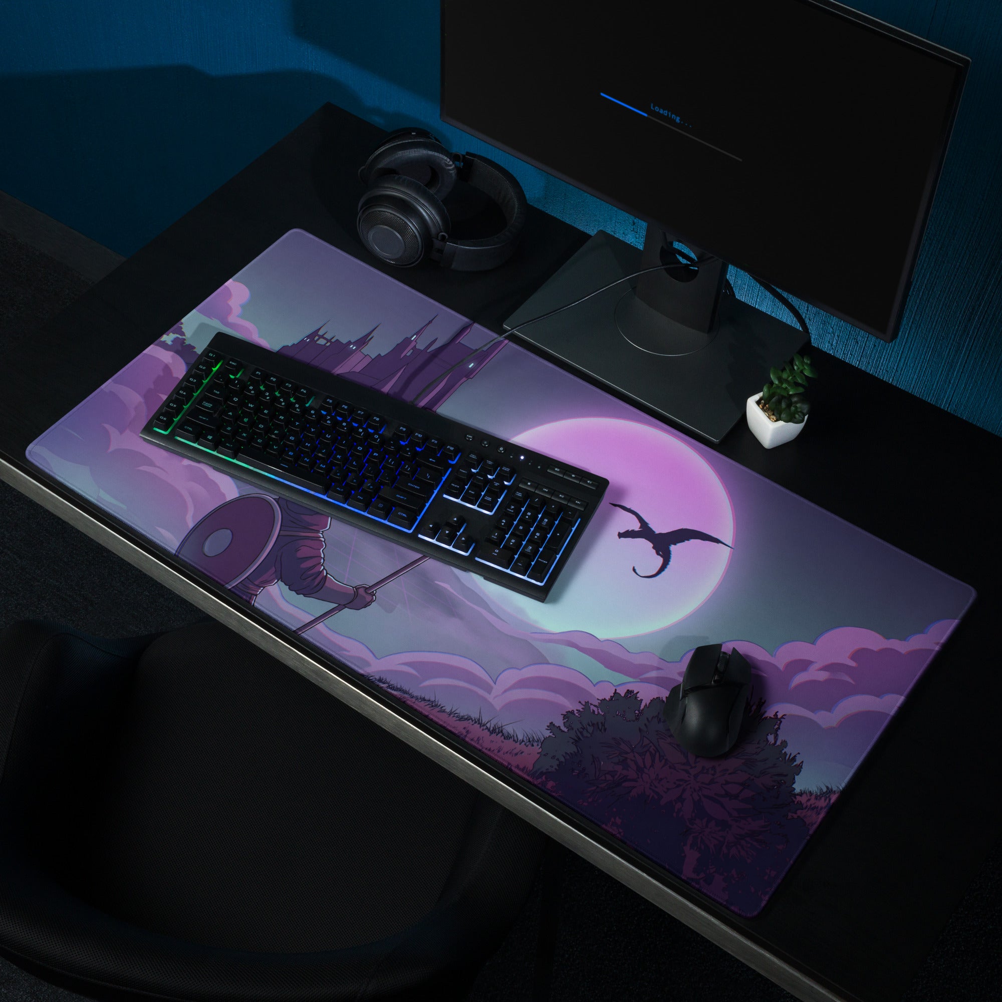 Purple and pink vaporwave neon moon gaming mouse pad featuring fantasy warrior, dragon, and castle under full moon