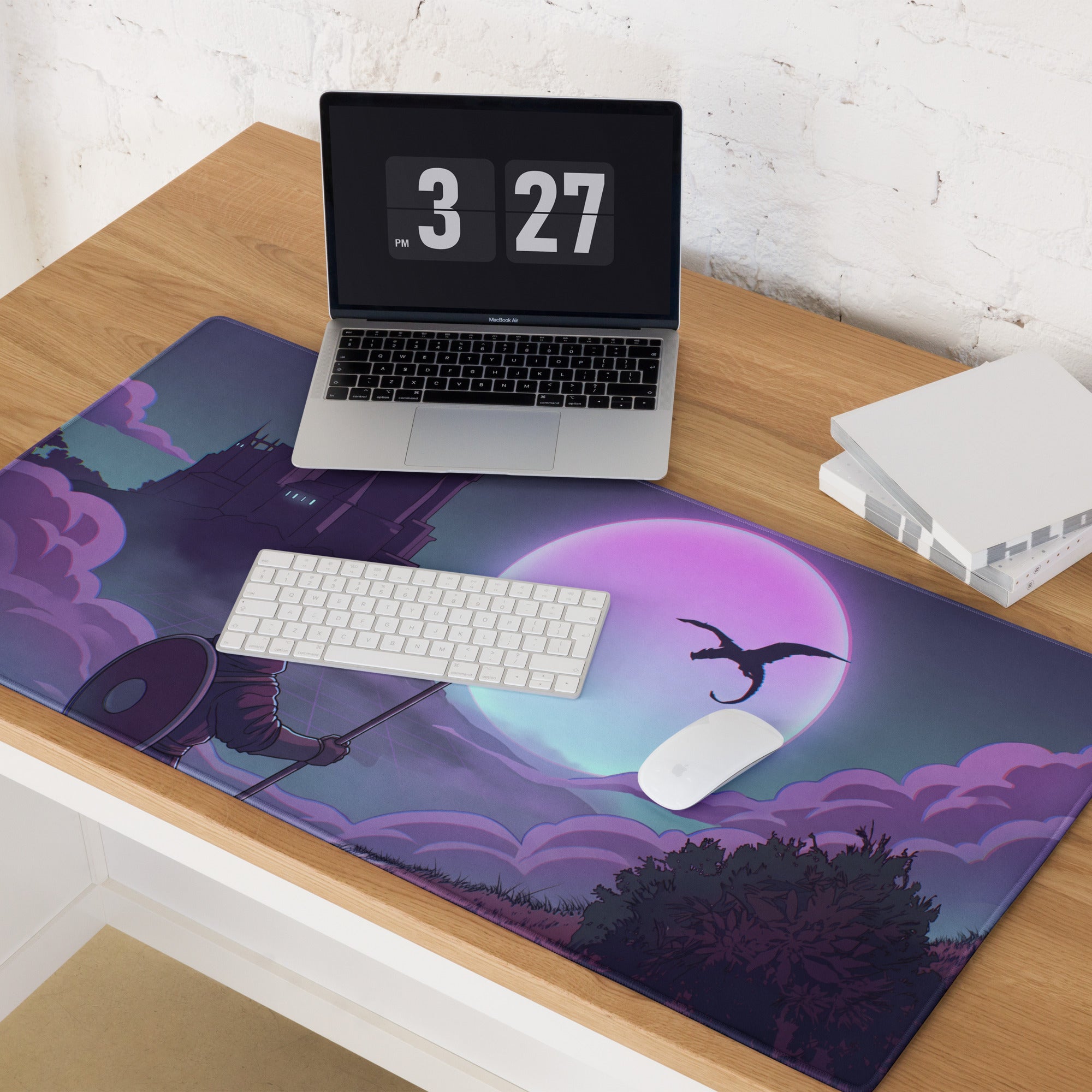 Vaporwave neon moon mouse pad with purple and black fantasy design featuring knight shield flying dragon and large moon