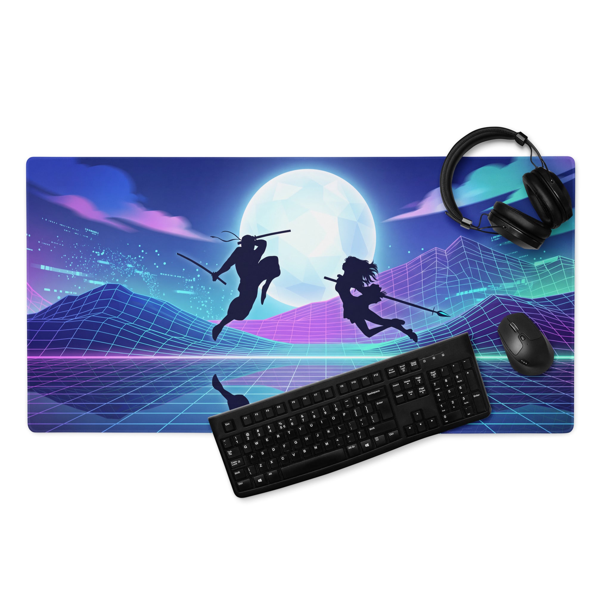 Neon vaporwave nightscape mouse pad featuring ninjas in silhouette leaping across a vibrant retro-futuristic landscape