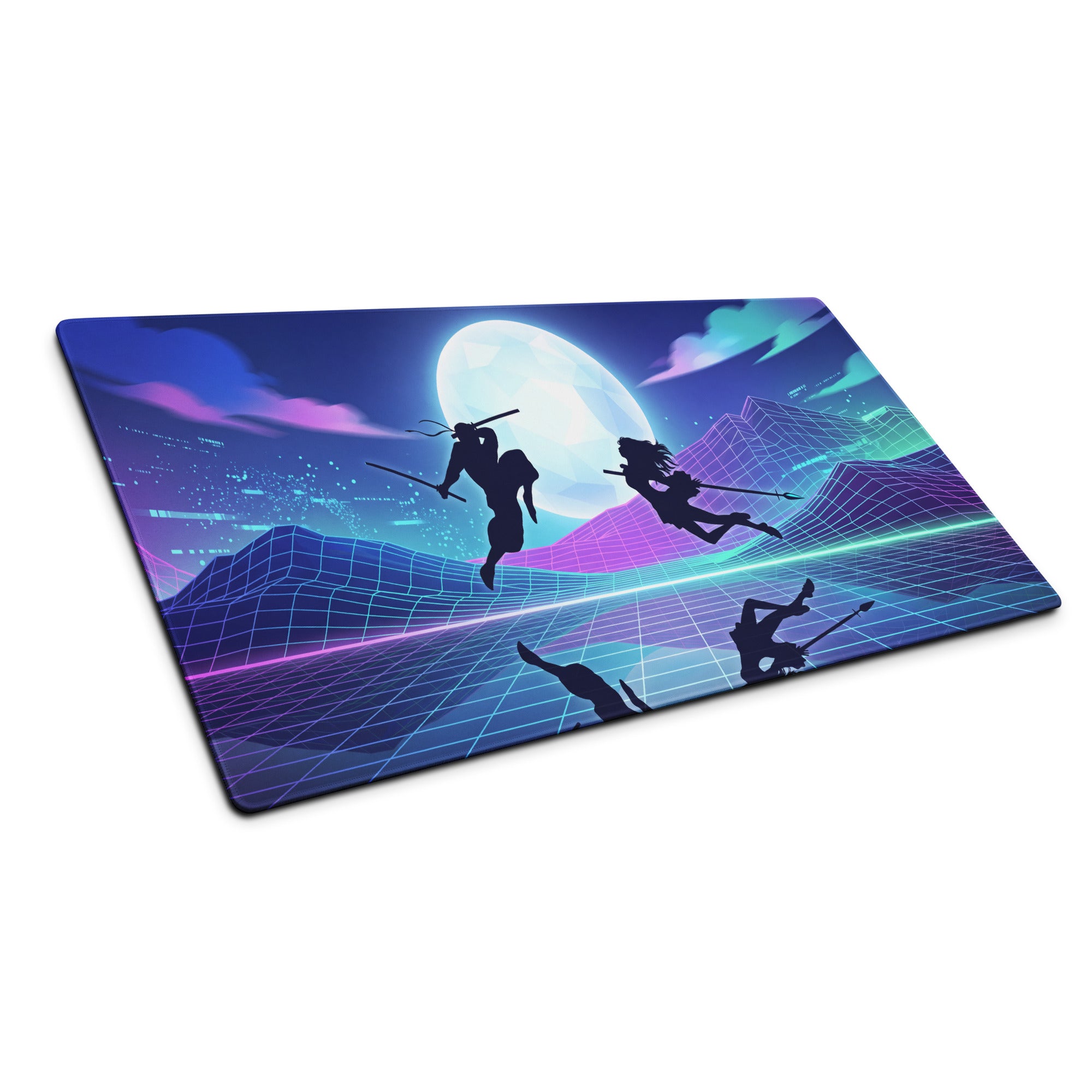 Vibrant retro-futuristic neon vaporwave nightscape gaming mouse pad with silhouetted ninjas on blue purple grid design