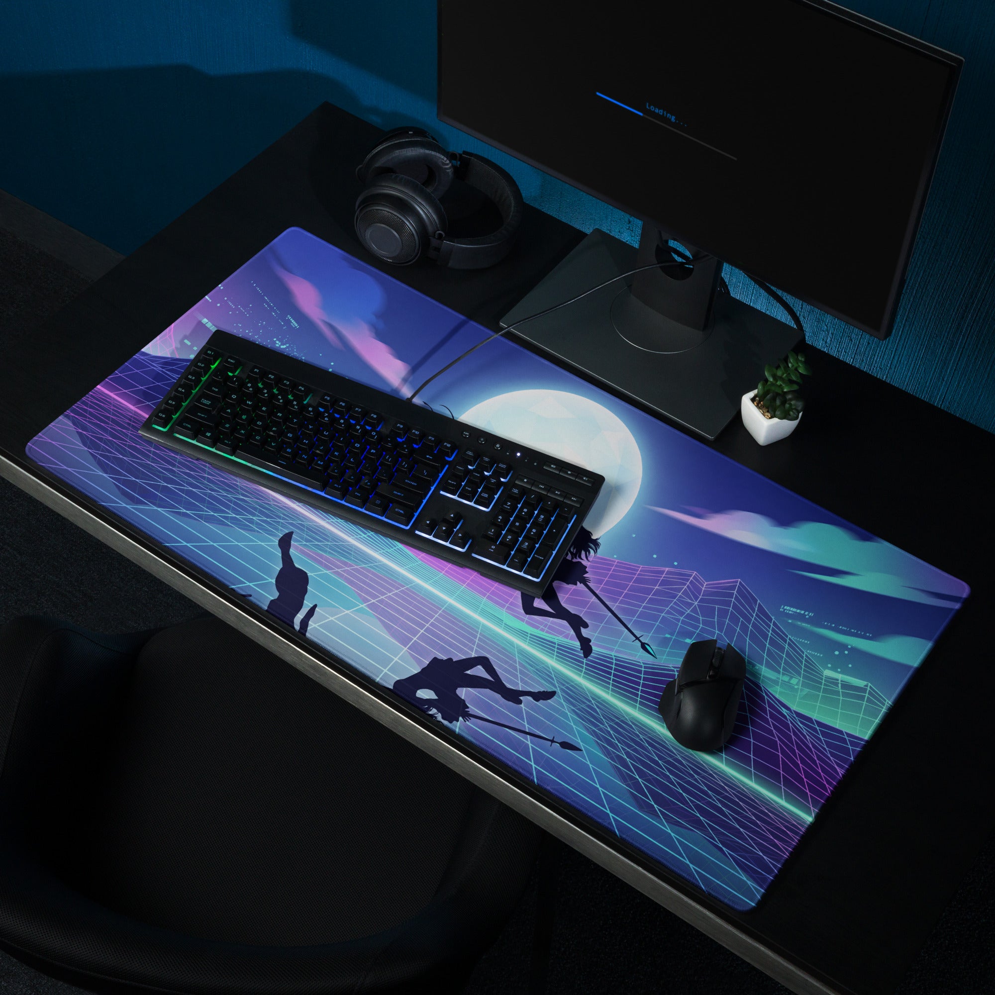 Neon vaporwave nightscape mouse pad featuring a vibrant futuristic design with silhouettes and neon grid in blue purple teal