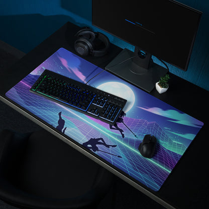 Neon vaporwave nightscape mouse pad featuring a vibrant futuristic design with silhouettes and neon grid in blue purple teal