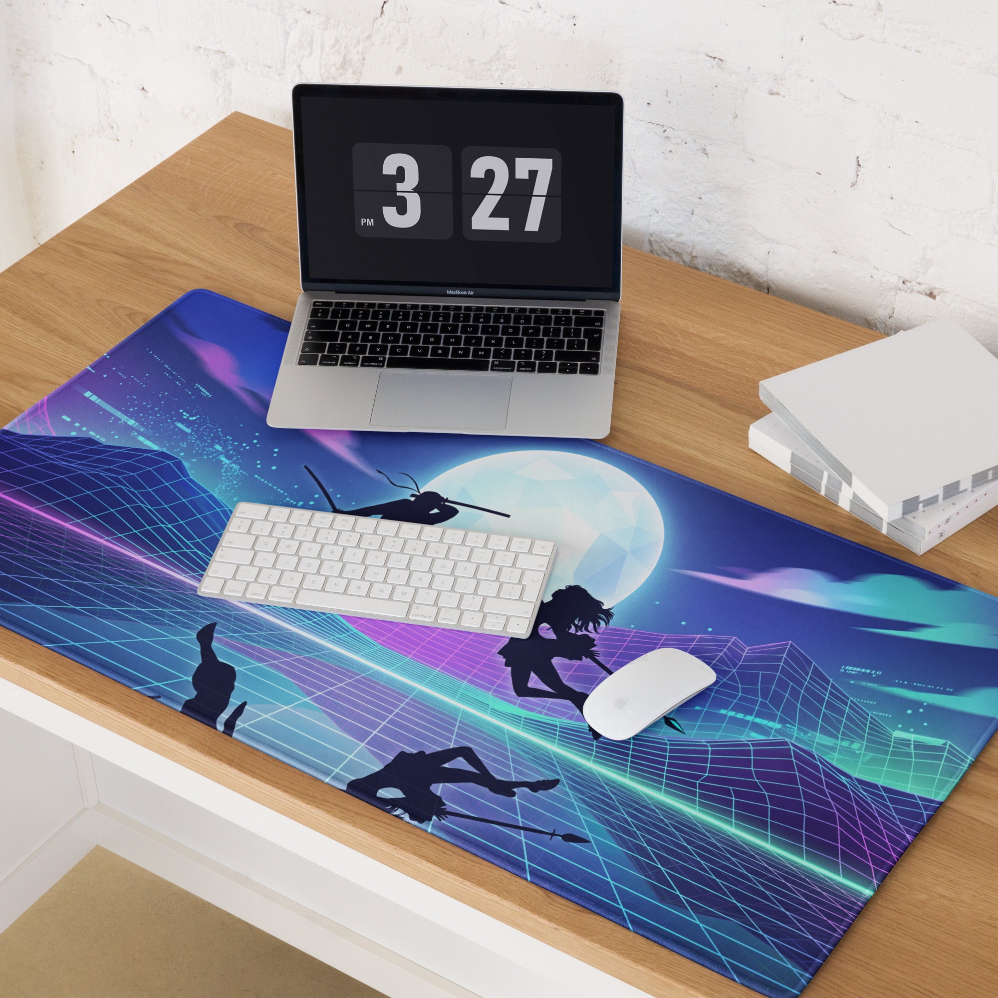 Neon vaporwave nightscape mouse pad with vibrant blue and purple retro futuristic anime silhouettes on moonlit grid