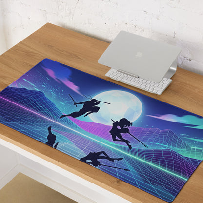 Neon vaporwave nightscape mouse pad with ninja-themed cyberpunk blue purple teal glowing moon design for gaming desk