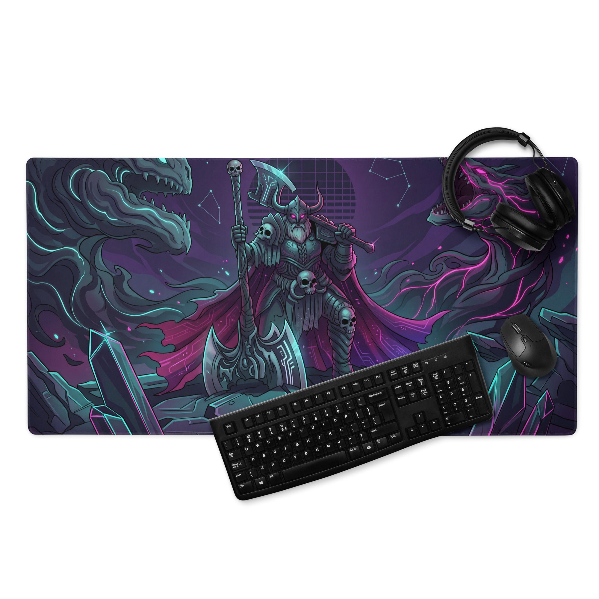 Vaporwave neon dragon battle gaming mouse pad with dark purple and teal design featuring a skeletal warrior and glowing crystals