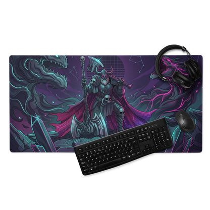 Vaporwave neon dragon battle gaming mouse pad with dark purple and teal design featuring a skeletal warrior and glowing crystals