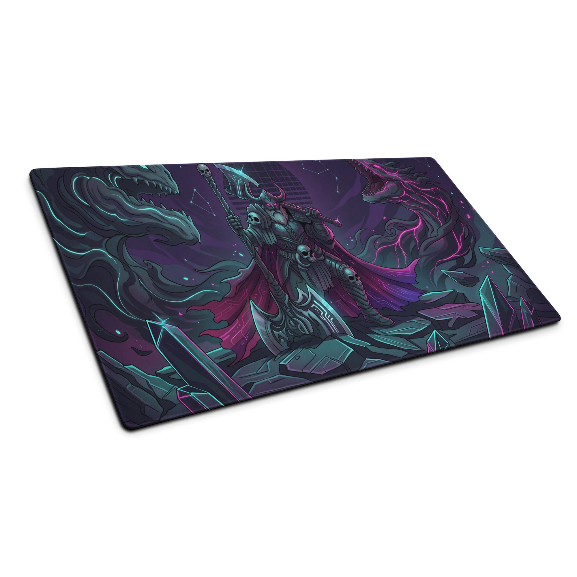 Vaporwave neon dragon battle gaming mousepad with dark fantasy skeletal warrior art in purple teal and pink colors
