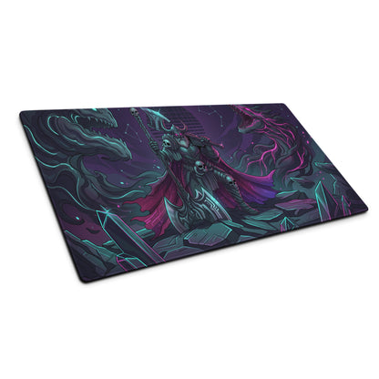Vaporwave neon dragon battle gaming mousepad with dark fantasy skeletal warrior art in purple teal and pink colors