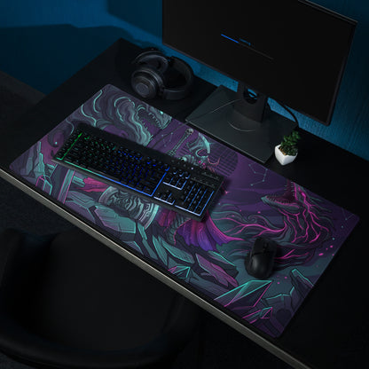Vaporwave neon dragon battle gaming mouse pad with vibrant teal magenta fantasy illustration on black surface