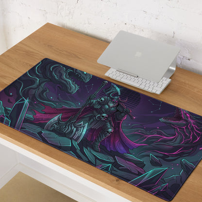 Vaporwave neon dragon battle gaming mouse pad with dark fantasy warrior and glowing teal magenta accents on cosmic crystal background