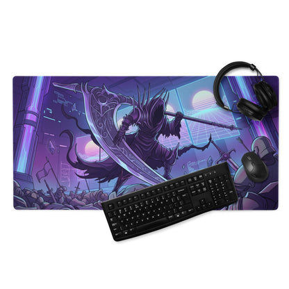 Purple and black neon vaporwave warrior mouse pad featuring a dark armored warrior with scythe on futuristic cityscape