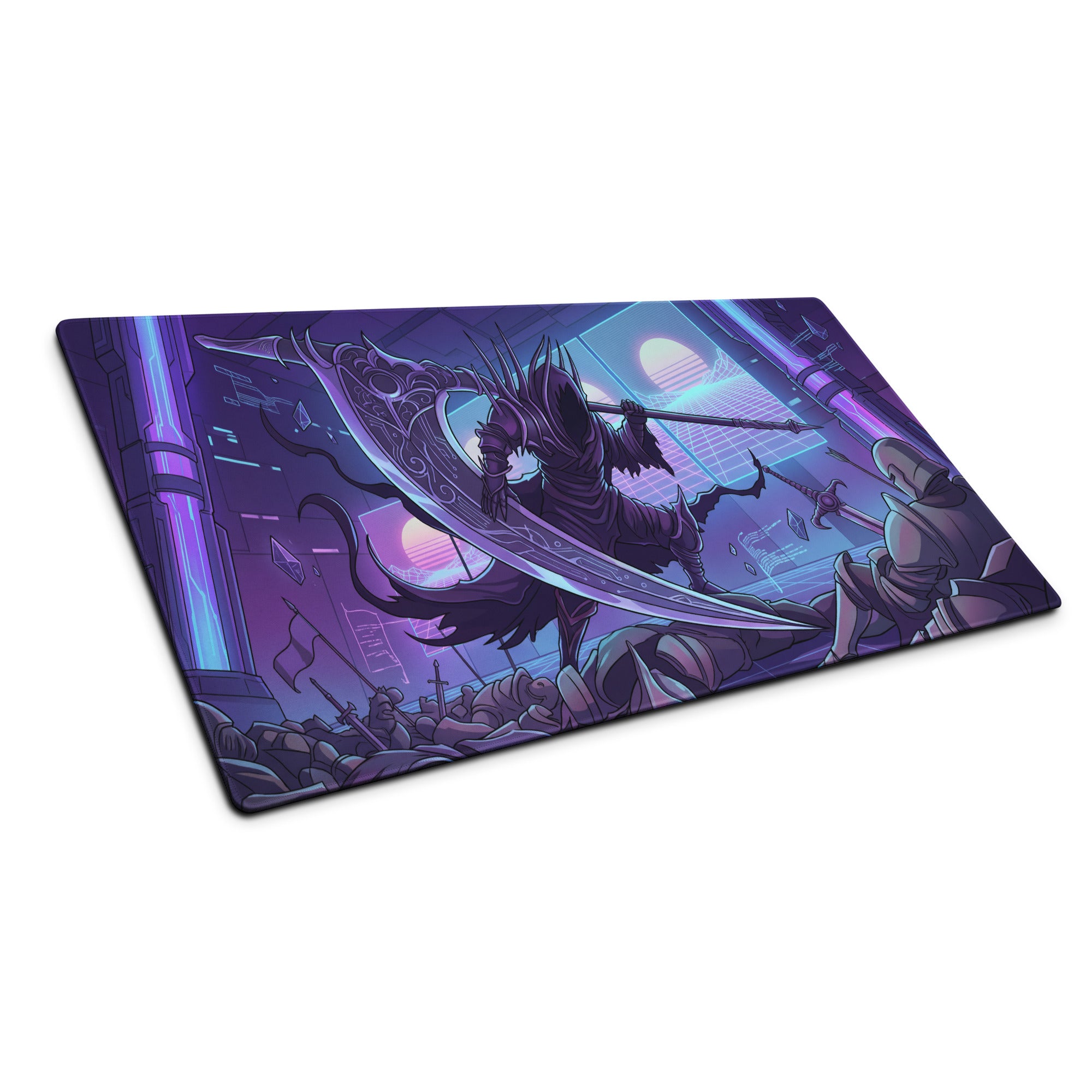 Purple and black neon vaporwave warrior mouse pad with dark armored warrior and futuristic cityscape for gaming desk setup
