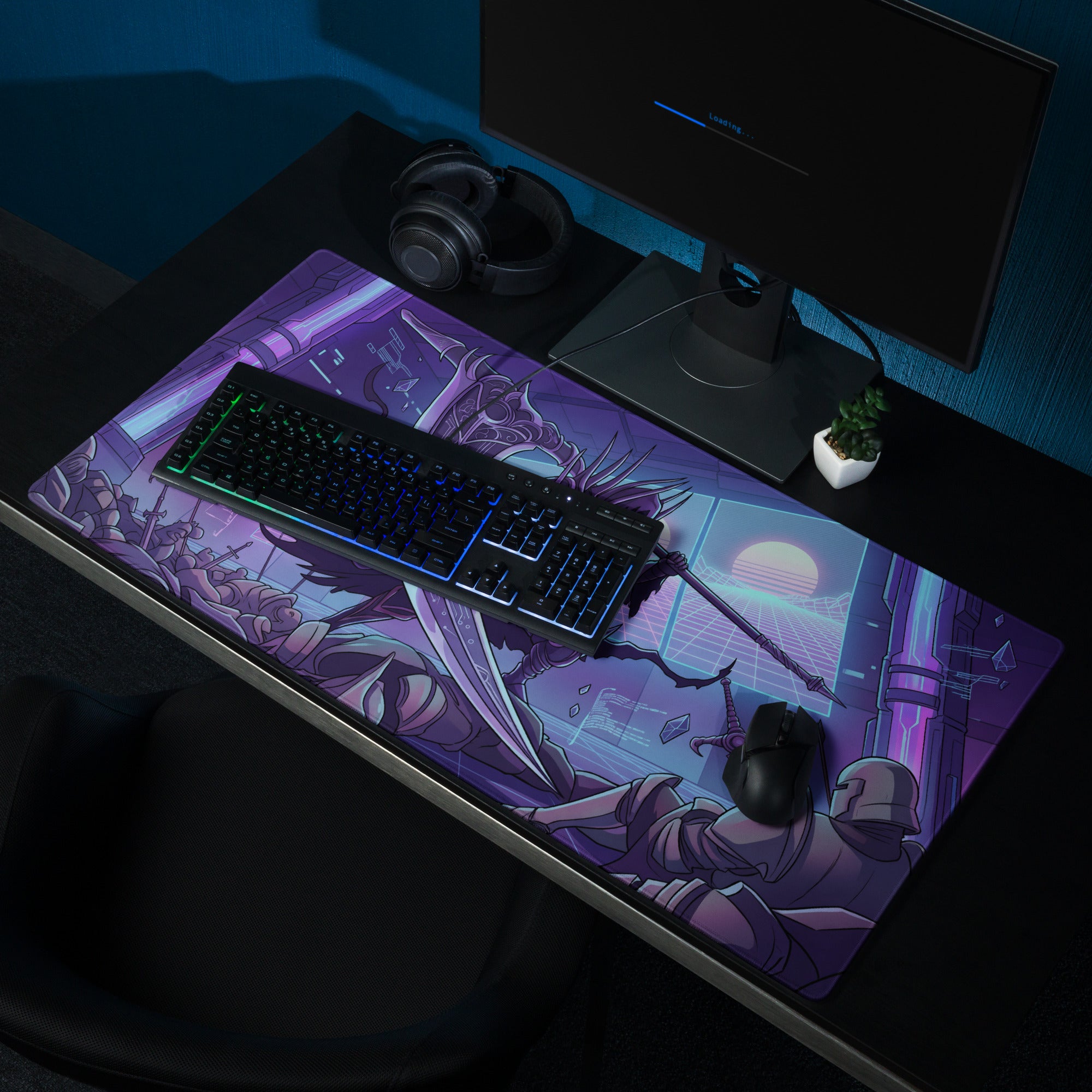 Purple and black gaming mousepad with detailed fantasy illustration and glowing neon vaporwave accents for desktop use