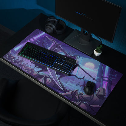 Purple and black gaming mousepad with detailed fantasy illustration and glowing neon vaporwave accents for desktop use