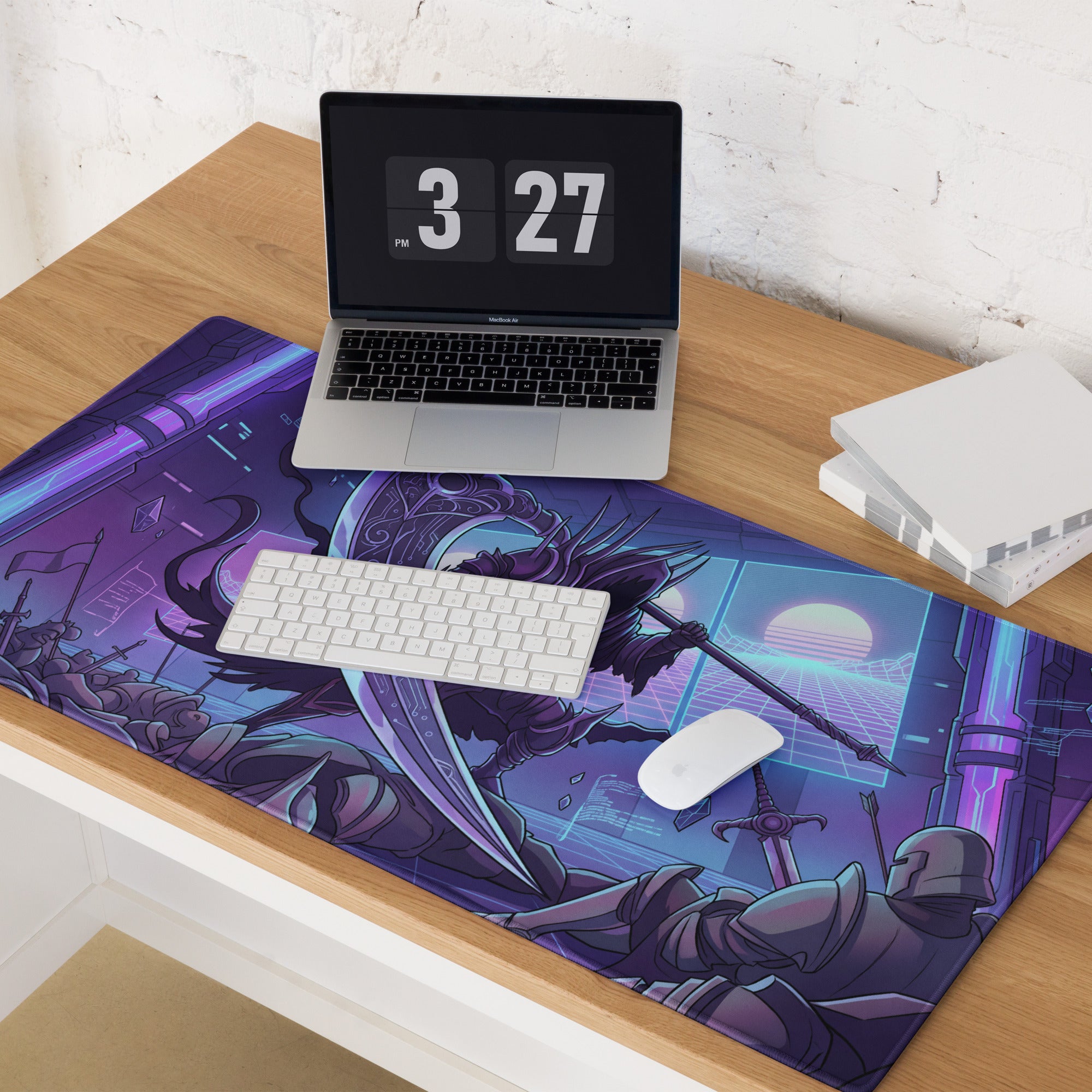 Purple and black neon vaporwave warrior mouse pad featuring armored warriors in a futuristic neon-lit battlefield design