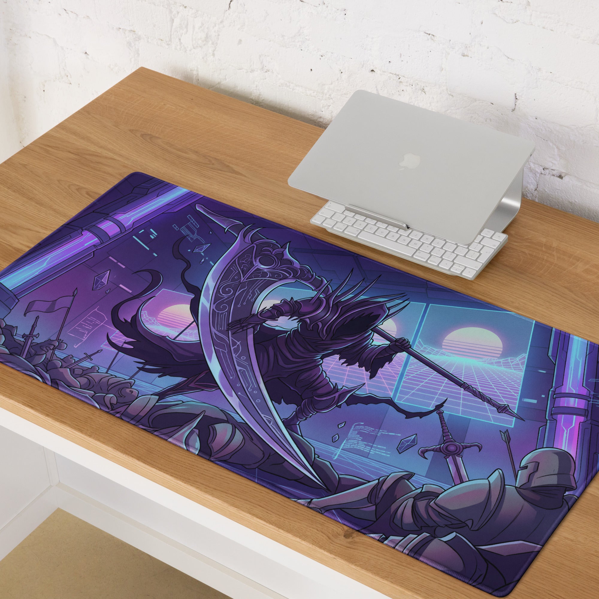 Purple and black gaming mouse pad with fantasy warrior and scythe on neon vaporwave backdrop for desk setup