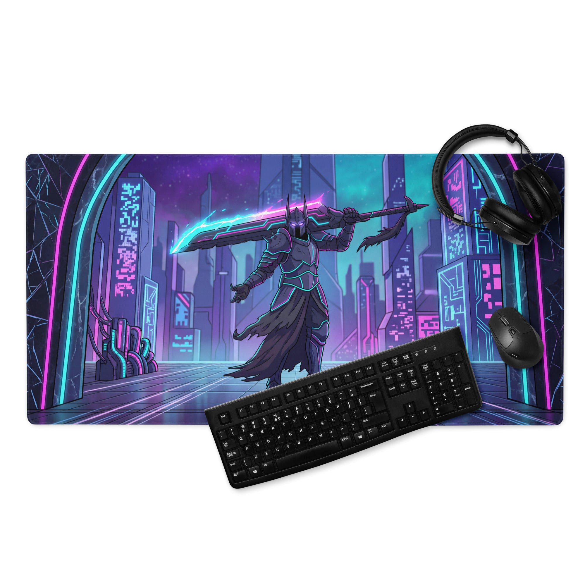 Neon night vaporwave gaming mouse pad with nebula theme glowing cyberpunk warrior neon purple teal on smooth surface