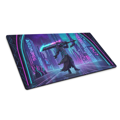 Neon night vaporwave gaming mouse pad with nebula theme and cyberpunk warrior in glowing pink cyan purple neon lights