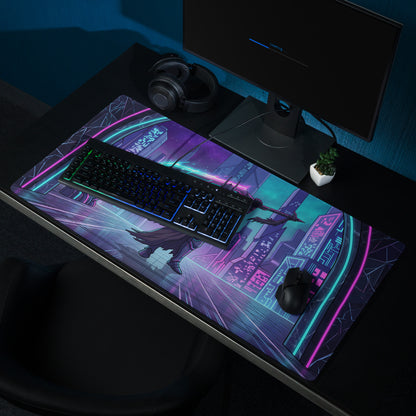 Neon night vaporwave gaming mouse pad with nebula-themed purple and teal neon cityscape and superhero design