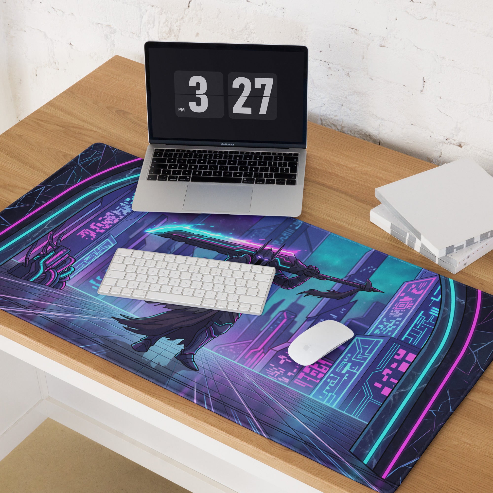 Neon night vaporwave gaming mouse pad with glowing blue purple circuitry design for retro setup decor and mood lighting
