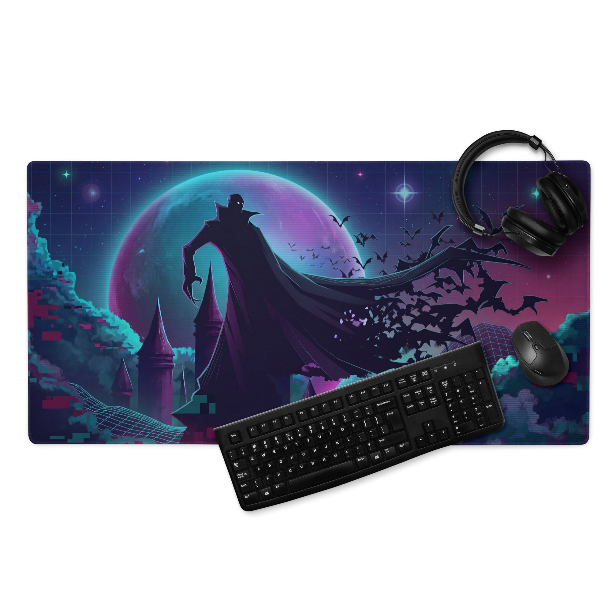 Vaporwave galaxy neon gaming mouse pad in navy blue and purple with dracula silhouette, bats, moon, castle spires, and grid patterns